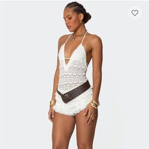 Concert Edikted Lanney Ruffle Sheer Lace Romper